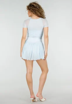 Lichtblauwe Mesh Crop Top met Korte Mouwen en Pads