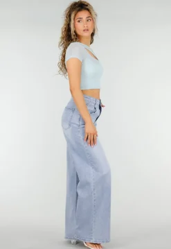 Lichtblauwe Mesh Crop Top met Korte Mouw en Pads
