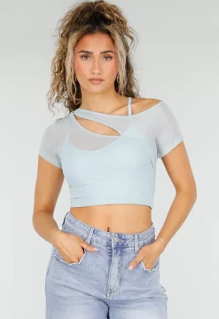 Lichtblauwe Mesh Crop Top met Korte Mouw en Pads