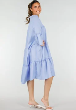Lichtblauwe Midi Jurk met V-hals en Ruffle Details