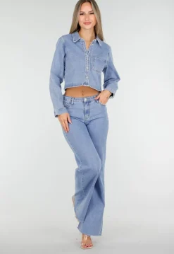 Lichtblauwe Mid Waist Wide Leg Jeans met Raw Edge Zoom