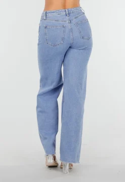 Lichtblauwe Mid Waist Wide Leg Jeans met Raw Edge Zoom