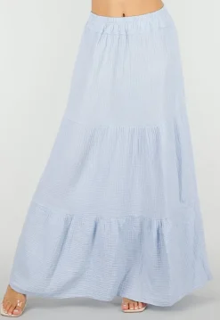 Lichtblauwe Mousseline Maxi Rok met Elastische Taille