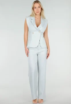 Lichtblauwe Mouwloze Blazer Top met Knopen en Reverskraag