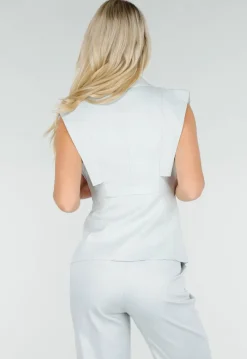 Lichtblauwe Mouwloze Blazer Top met Knopen en Reverskraag