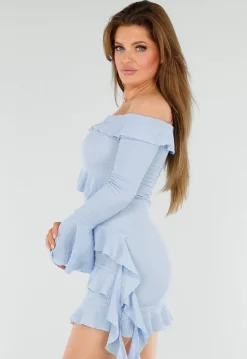 Lichtblauwe Off-Shoulder Jurk met Ruches en Stretchstof