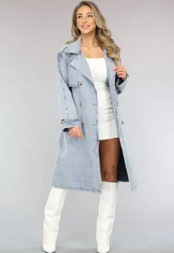 Lichtblauwe Oversized Denim Trenchcoat met Ceintuur