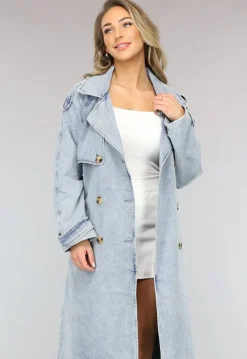 Lichtblauwe Oversized Denim Trenchcoat met Ceintuur