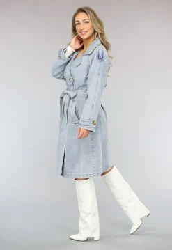 Lichtblauwe Oversized Denim Trenchcoat met Ceintuur
