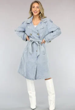 Lichtblauwe Oversized Denim Trenchcoat met Ceintuur