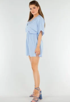 Lichtblauwe Playsuit met V-Hals, Elastische Taille en Linnenlook
