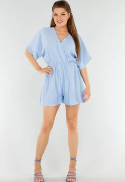 Lichtblauwe Playsuit met V-Hals, Elastische Taille en Linnenlook