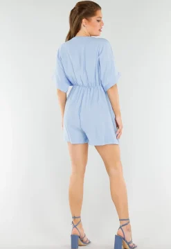 Lichtblauwe Playsuit met V-Hals, Elastische Taille en Linnenlook