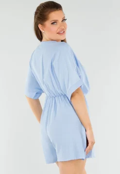 Lichtblauwe Playsuit met V-Hals, Elastische Taille en Linnenlook