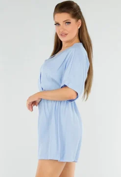 Lichtblauwe Playsuit met V-Hals, Elastische Taille en Linnenlook