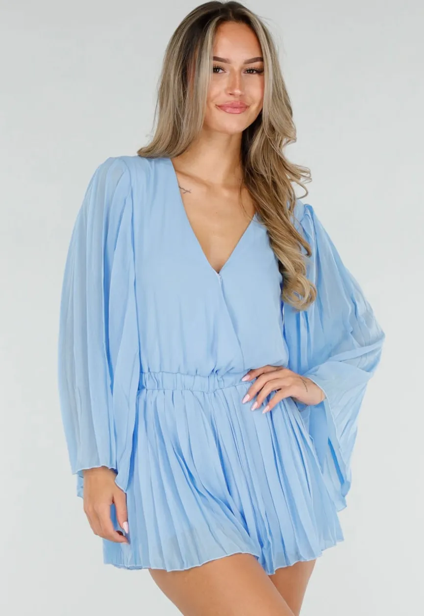 Lichtblauwe Plissé Playsuit met Overslag en Wijde Mouwen