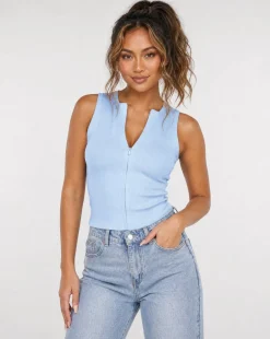 Lichtblauwe Rib Top met Ritssluiting en Stretch