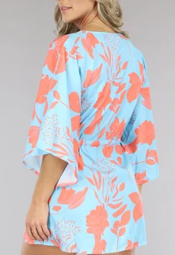 Lichtblauwe Satin Jurk met Bloemen Print
