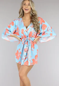 Lichtblauwe Satin Jurk met Bloemen Print