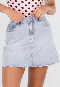 Lichtblauwe Stretch Denim Rok met Geschulpte Zoom