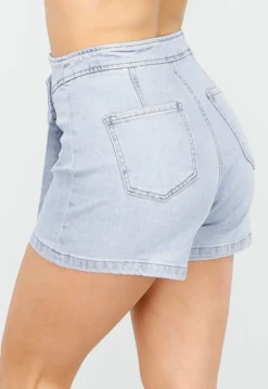 Lichtblauwe Stretch Denim Skort met Overslag en Achterzakken