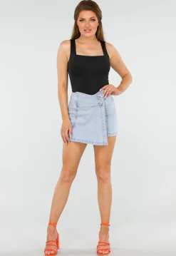 Lichtblauwe Stretch Denim Skort met Overslag en Achterzakken