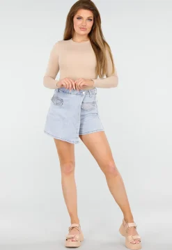 Lichtblauwe Stretch Denim Skort met Strassdetails op Zakken