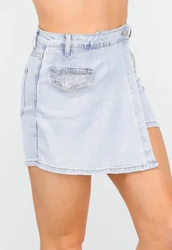 Lichtblauwe Stretch Denim Skort met Strassdetails op Zakken