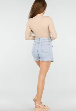 Lichtblauwe Stretch Denim Skort met Strassdetails op Zakken