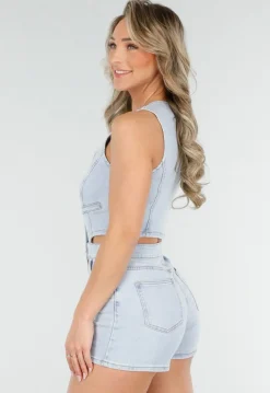 Lichtblauwe Stretch Playsuit Mouwloos met Cut-out en gilet look