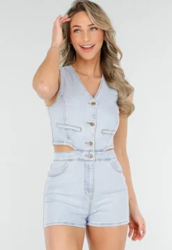 Lichtblauwe Stretch Playsuit Mouwloos met Cut-out en gilet look