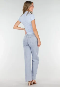 Lichtblauwe Stretch Top met Col en Korte Mouwen
