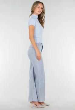 Lichtblauwe Stretch Top met Col en Korte Mouwen