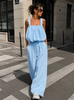 Lichtblauwe Stretch Two Piece Set met Mouwloze Top en Wide Leg Broek