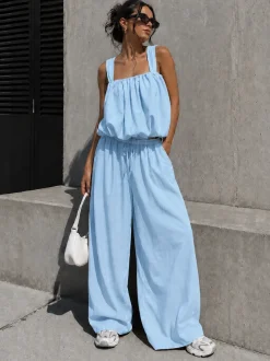 Lichtblauwe Stretch Two Piece Set met Mouwloze Top en Wide Leg Broek