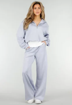 Lichtblauwe Sweater met Halve Rits en Elastische Boorden
