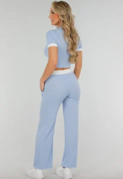 Lichtblauwe Two Piece Set met Lange Broek en Korte Top met Colorblockingdetails