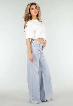 Lichtblauwe Wide Leg Jeans met Backprint en Stretch