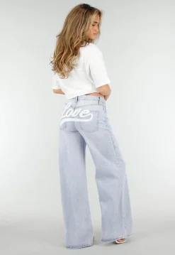 Lichtblauwe Wide Leg Jeans met Backprint en Stretch