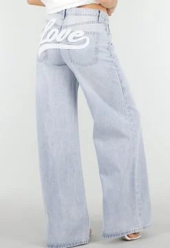 Lichtblauwe Wide Leg Jeans met Backprint en Stretch