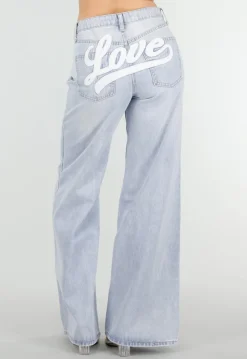 Lichtblauwe Wide Leg Jeans met Backprint en Stretch