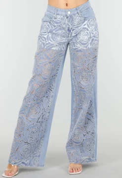 Lichtblauwe Wide Leg Jeans met See-Through Bloemenprint en Stretch