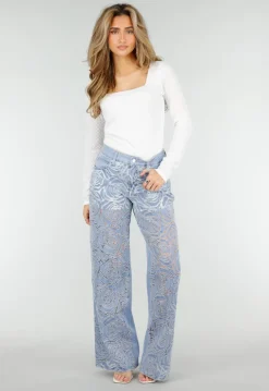 Lichtblauwe Wide Leg Jeans met See-Through Bloemenprint en Stretch