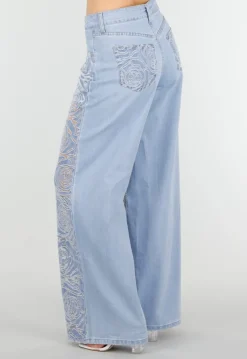 Lichtblauwe Wide Leg Jeans met See-Through Bloemenprint en Stretch