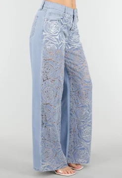 Lichtblauwe Wide Leg Jeans met See-Through Bloemenprint en Stretch