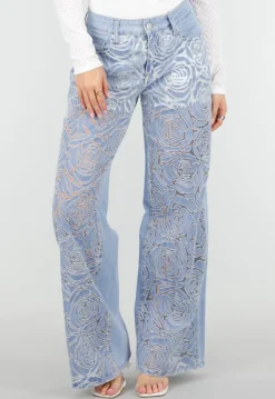 Lichtblauwe Wide Leg Jeans met See-Through Bloemenprint en Stretch