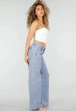 Lichtblauwe Wide Leg Jeans met Mid Waist
