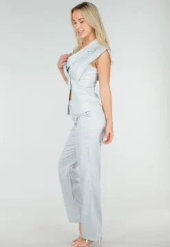 Lichtblauwe Wide Leg Pantalon met Steekzakken en Paspelzakken