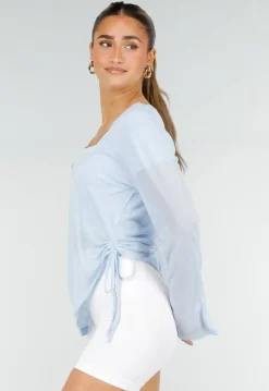 Lichtblauwe Zachte Longsleeve Top met Trekkoord en Wijde Mouwen