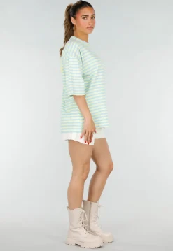Lichtblauw Geel Gestreepte Oversized T-shirt met Tekstprint